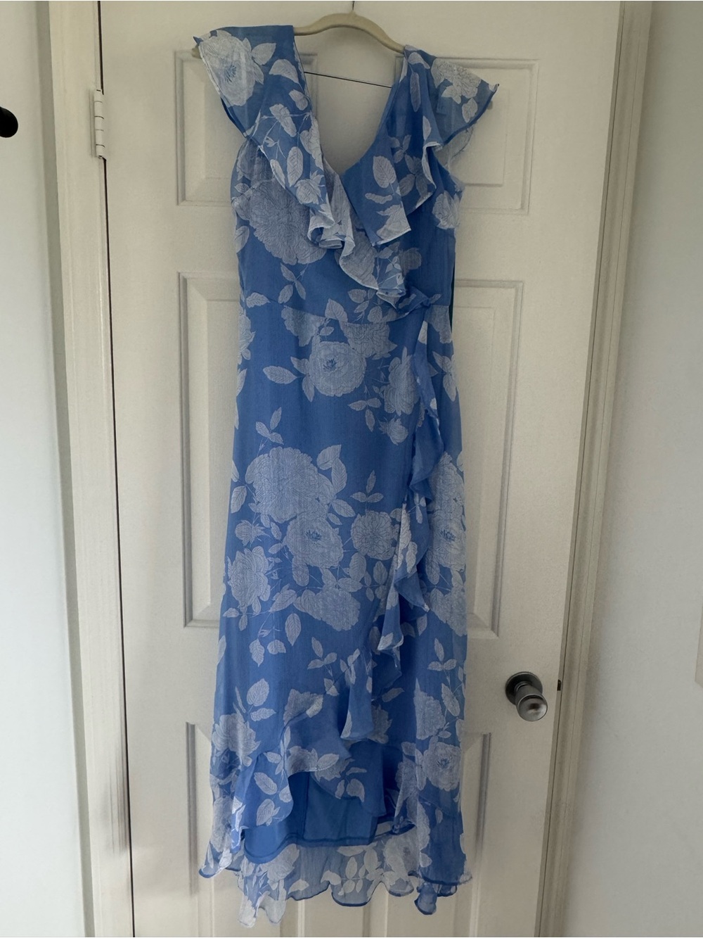 London Times Blue Floral Ruffle Maxi Dress
